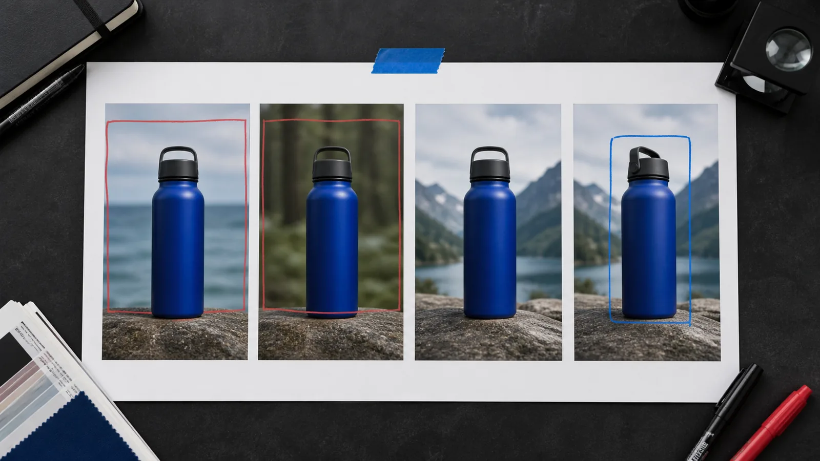 Creative review contact sheet showing paired bottle ads where only the background or product angle changes