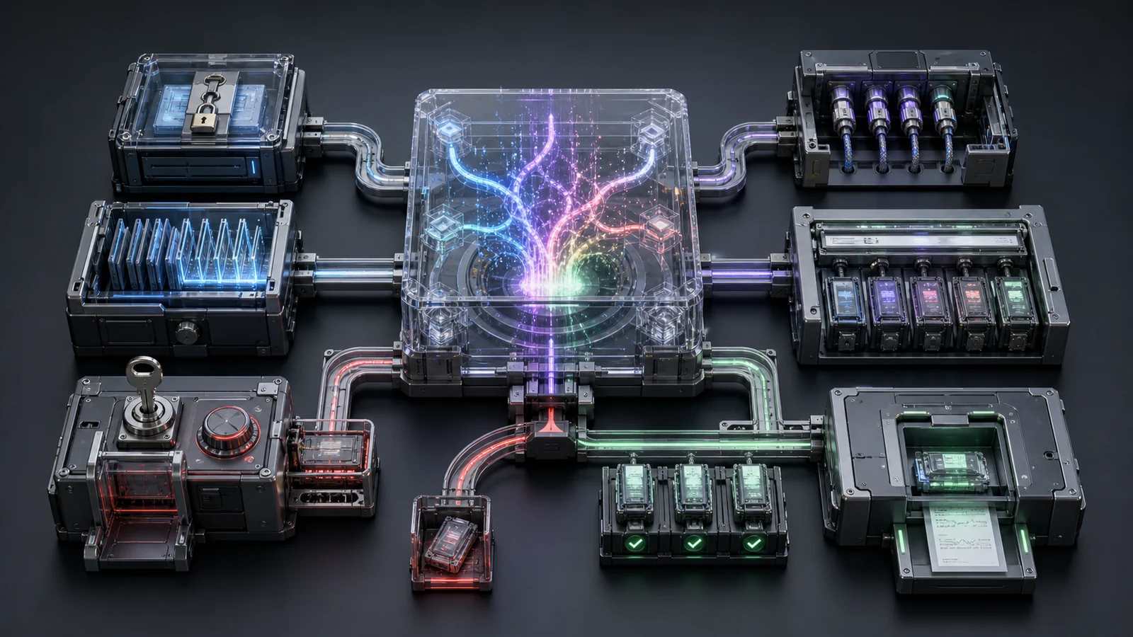 An AI agent workflow cutaway with a branching reasoning chamber surrounded by locked context, permissions, persistent state, retry, approval, and delivery modules.
