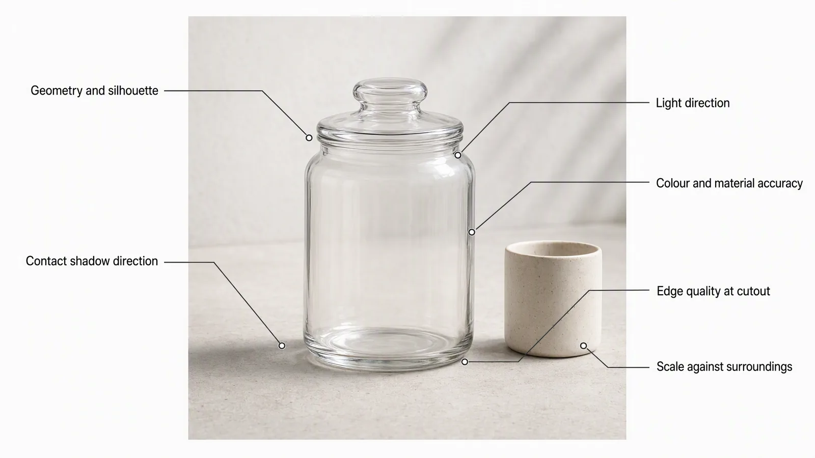 Annotated inspection of a bottle placed on a generated background, with review callouts for geometry and silhouette, contact shadow direction, light direction, colour and material accuracy, cutout edge quality and scale against the surrounding scene