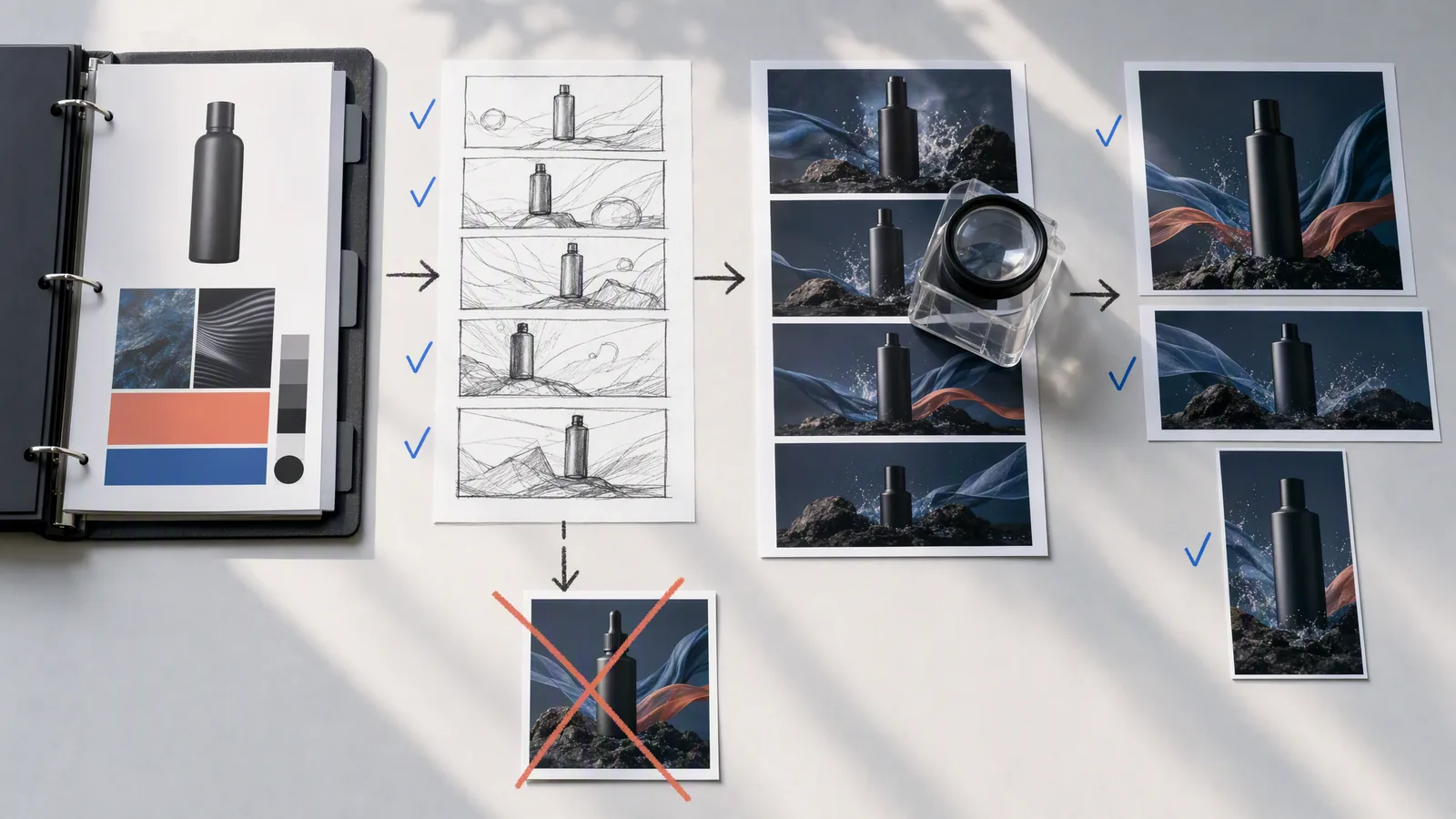 Product-video review board showing source fidelity, storyboard selection, and format adaptation