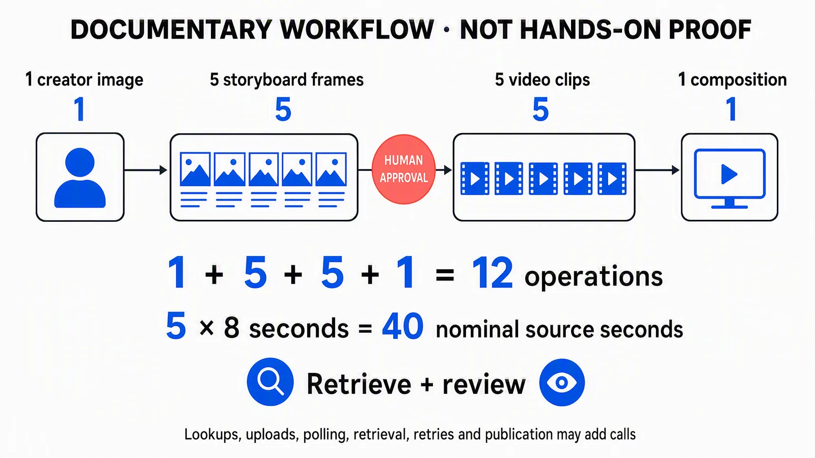 Documentary UGC workflow: one creator image, five frames, approval, five clips and one composition; twelve core operations