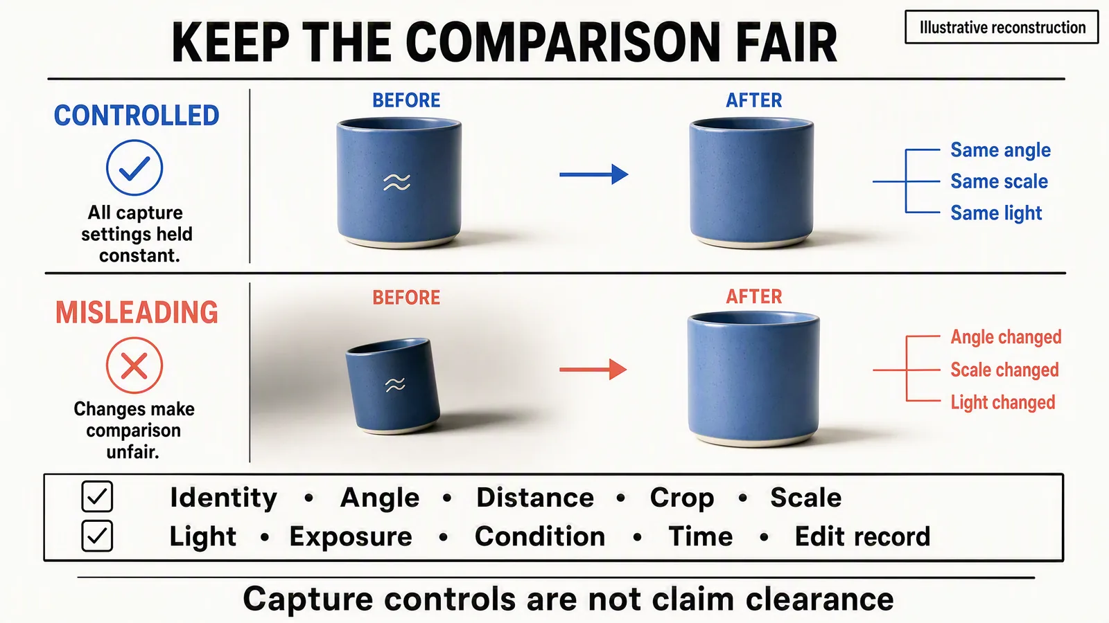 Illustrative controlled and misleading captures showing why angle, scale and light must be matched