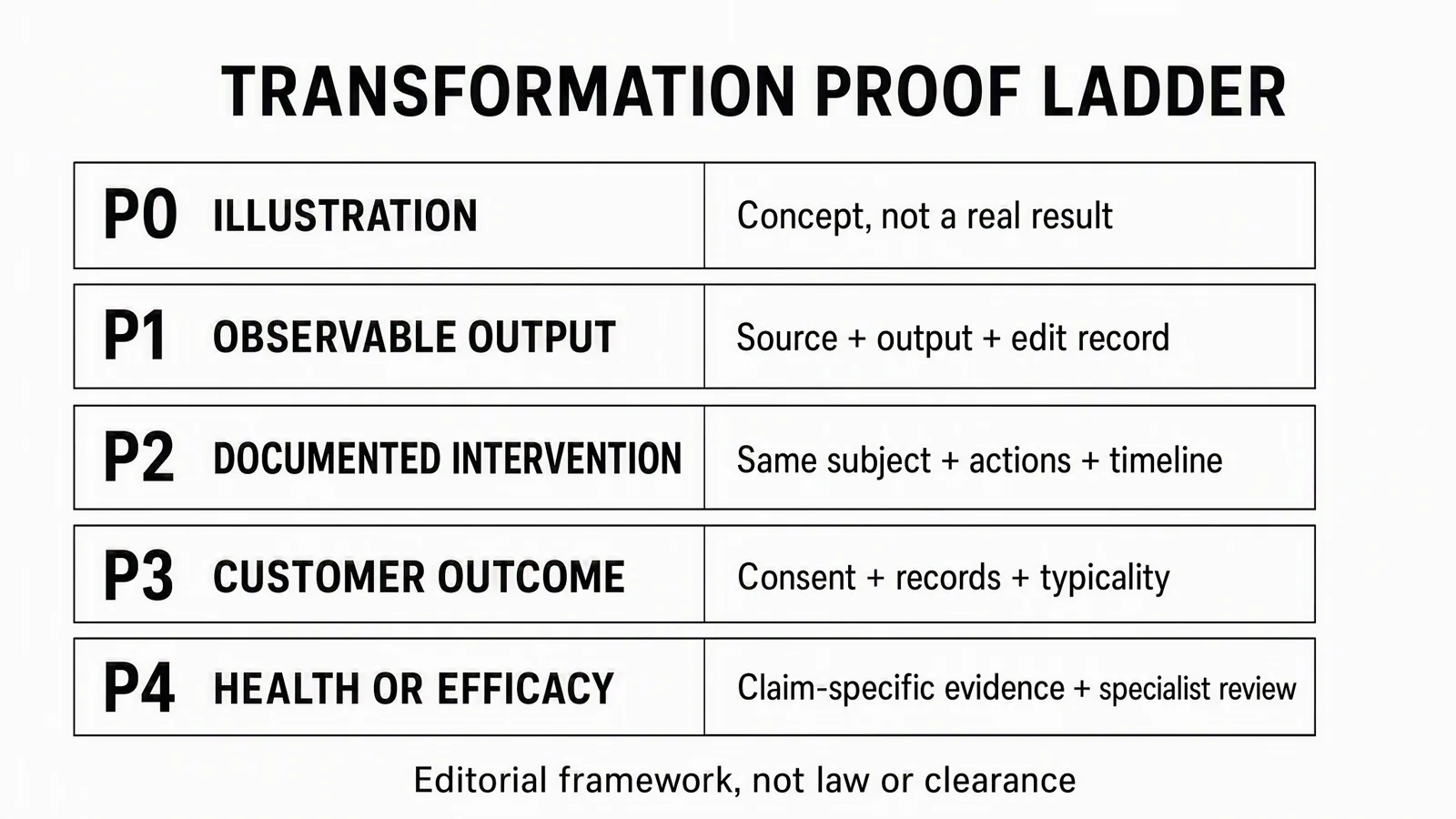 Five proof levels from illustration to health or efficacy claims, with the evidence each requires