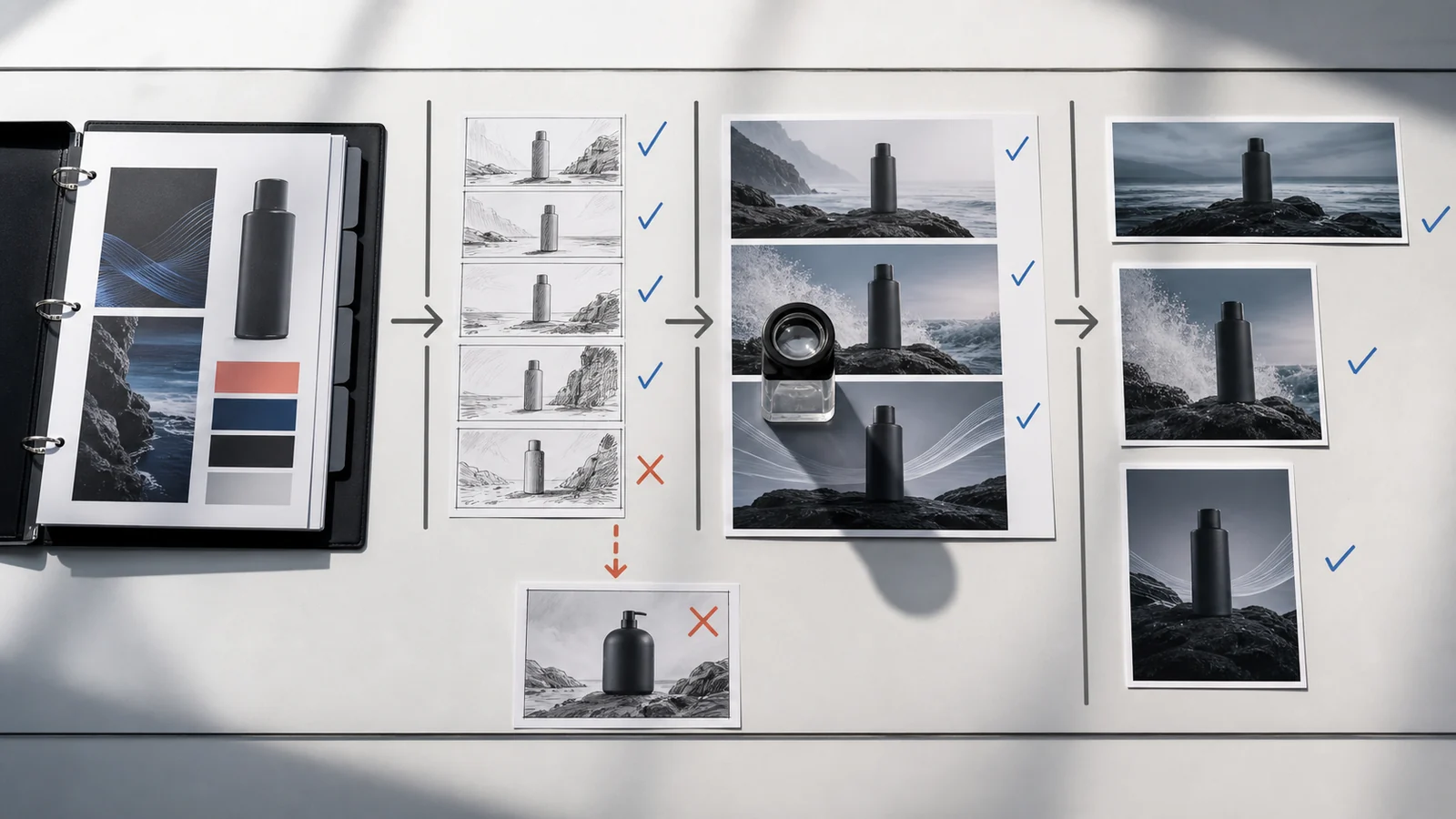 A brand video production review board carrying one product from source material through storyboards, reviewed stills, and channel crops while rejecting an inconsistent frame early.