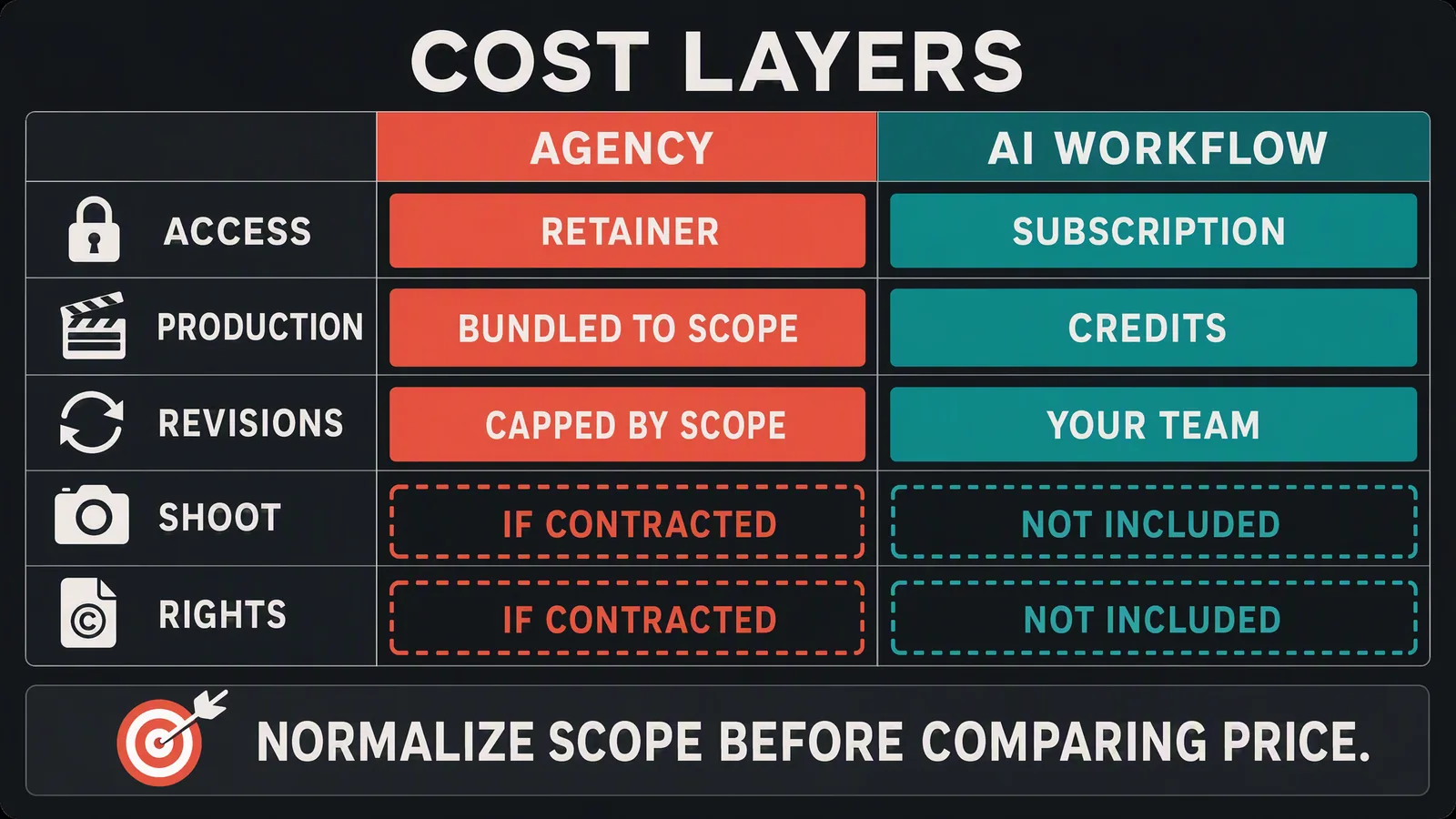 Decision board comparing an agency retainer and an Advibly subscription across the same five cost layers: access, production, revisions, shoot and rights, with the unbundled line items called out.