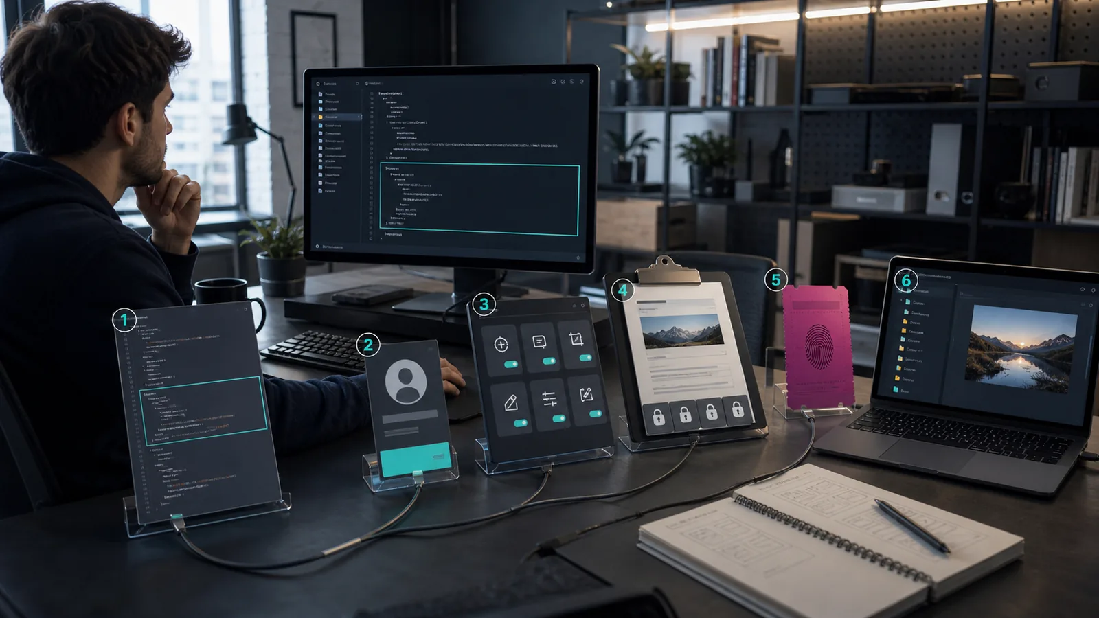 Developer workspace showing six independent proofs from scoped configuration and account identity to live tools, locked brand context, one job ticket, and a saved asset.
