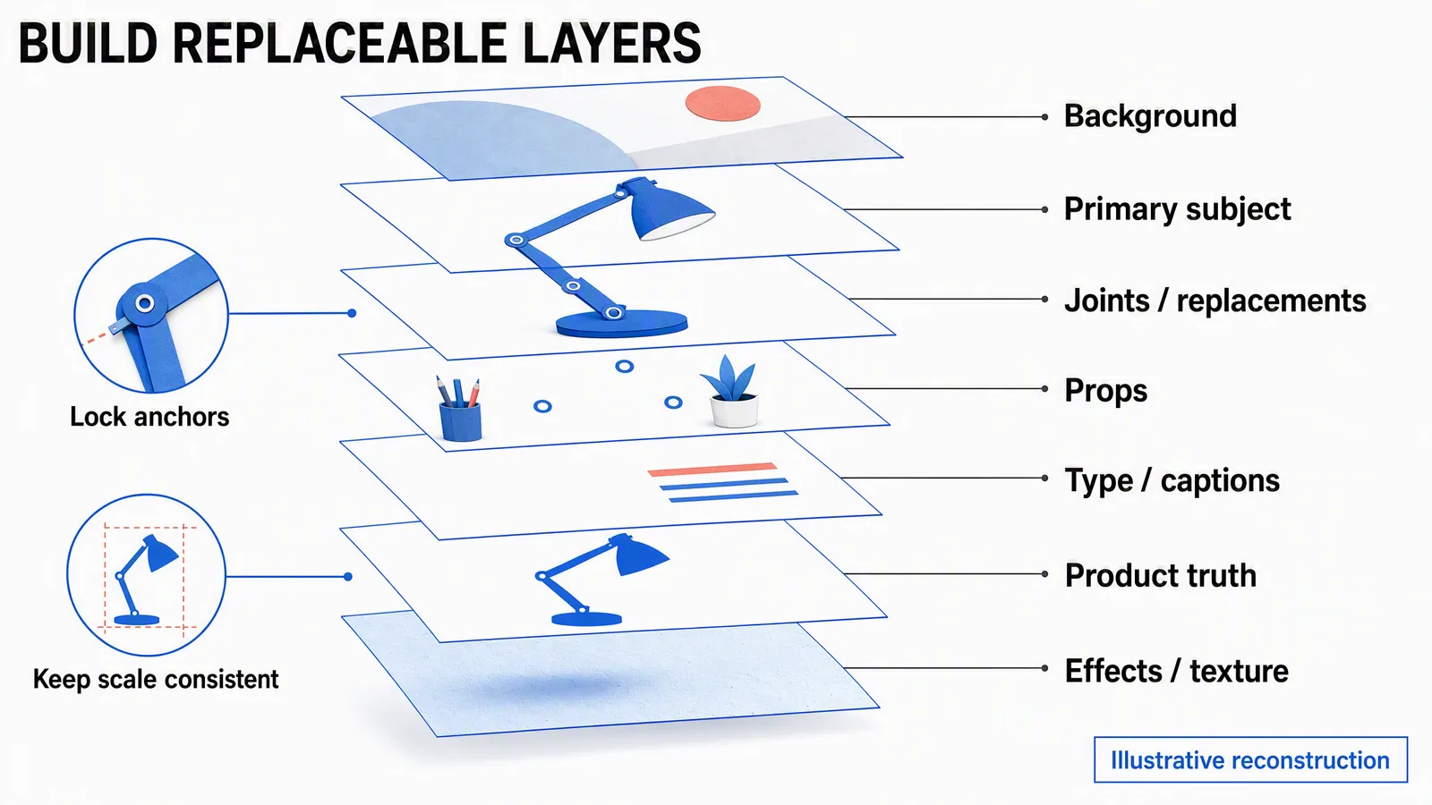 Exploded fictional lamp scene with seven editable layers, anchor points and scale controls