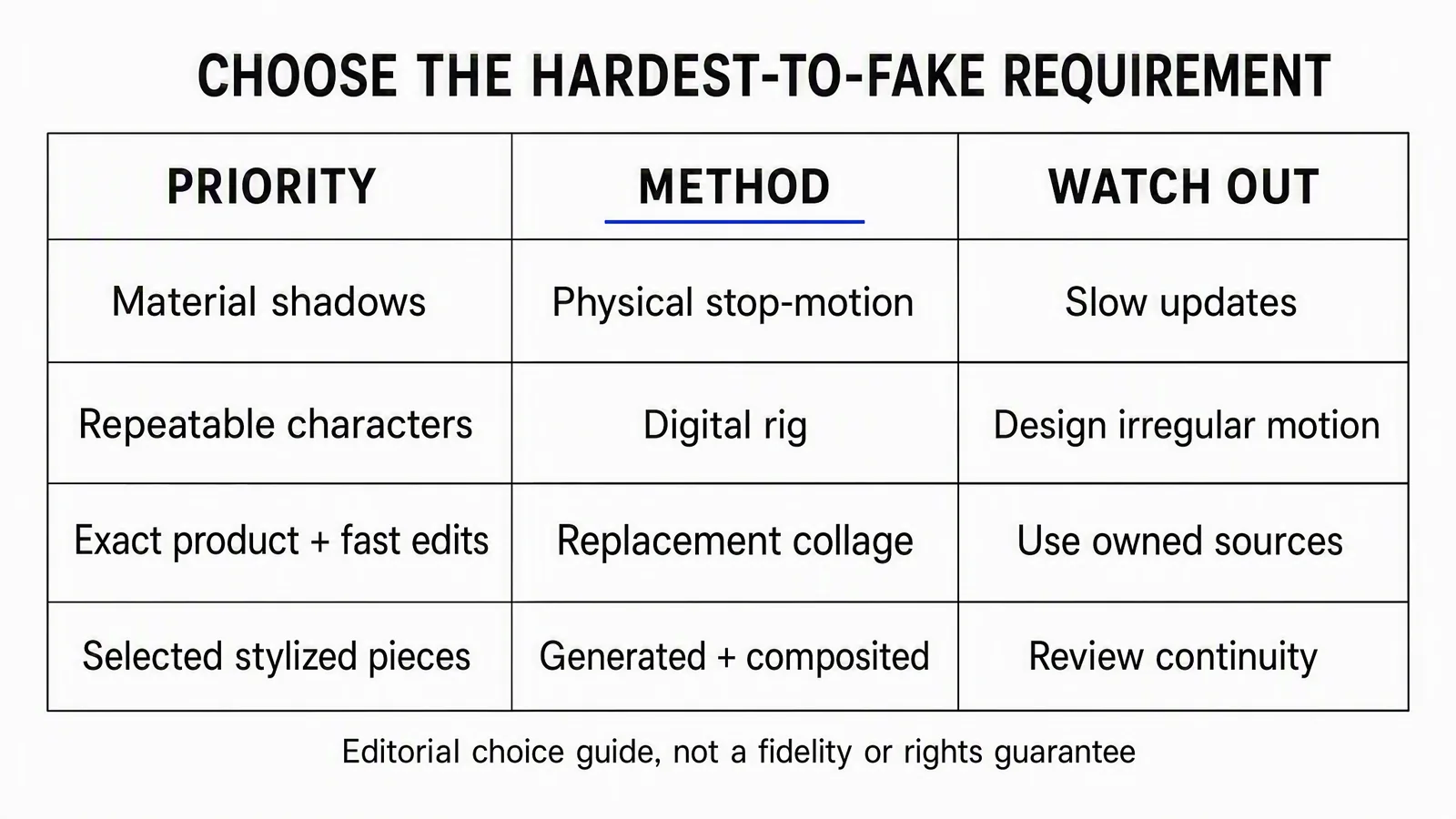 Four cutout production methods selected by material, character, product fidelity or stylized-piece requirements