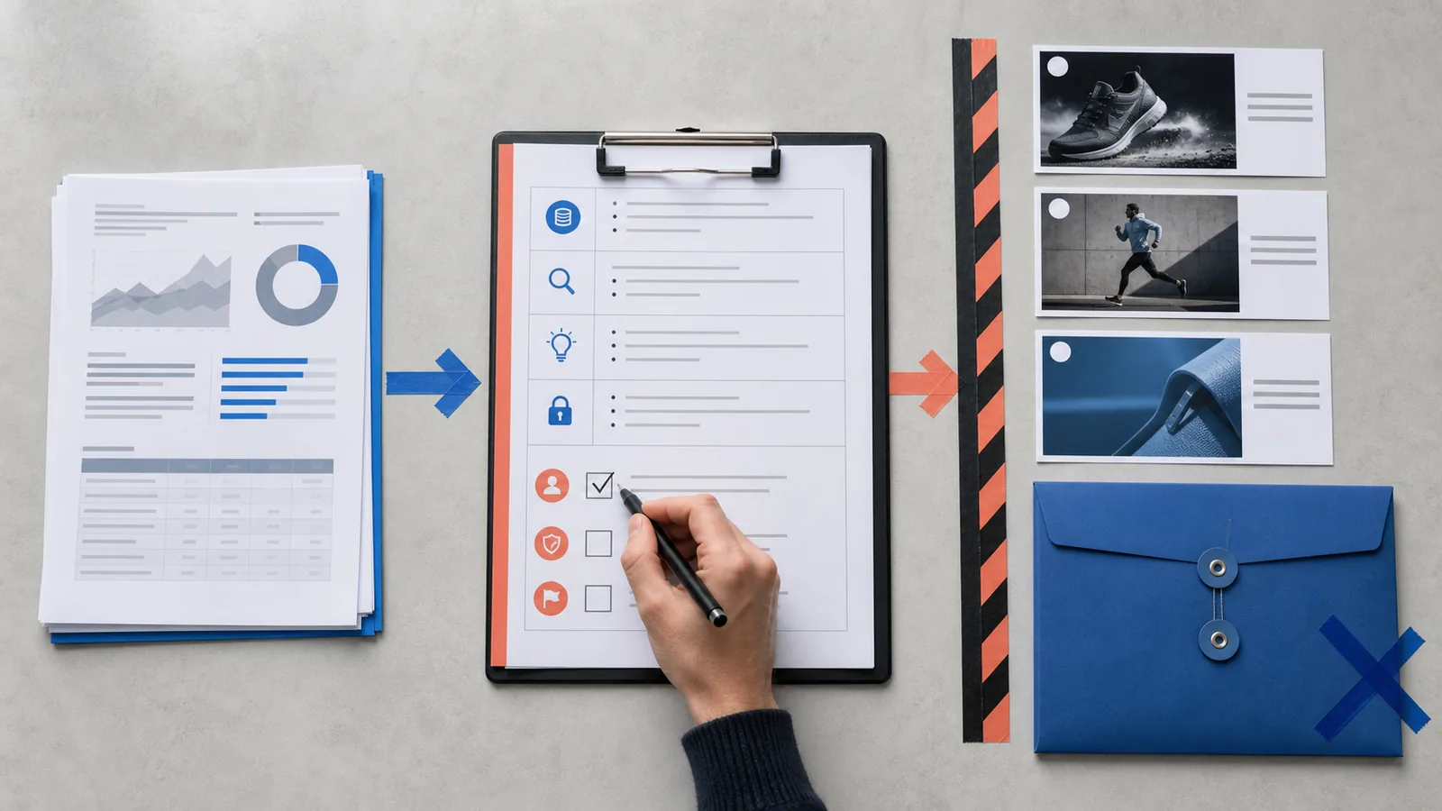 Top-down review workspace showing campaign evidence checked into an approved brief before creative variants cross a separate activation gate.