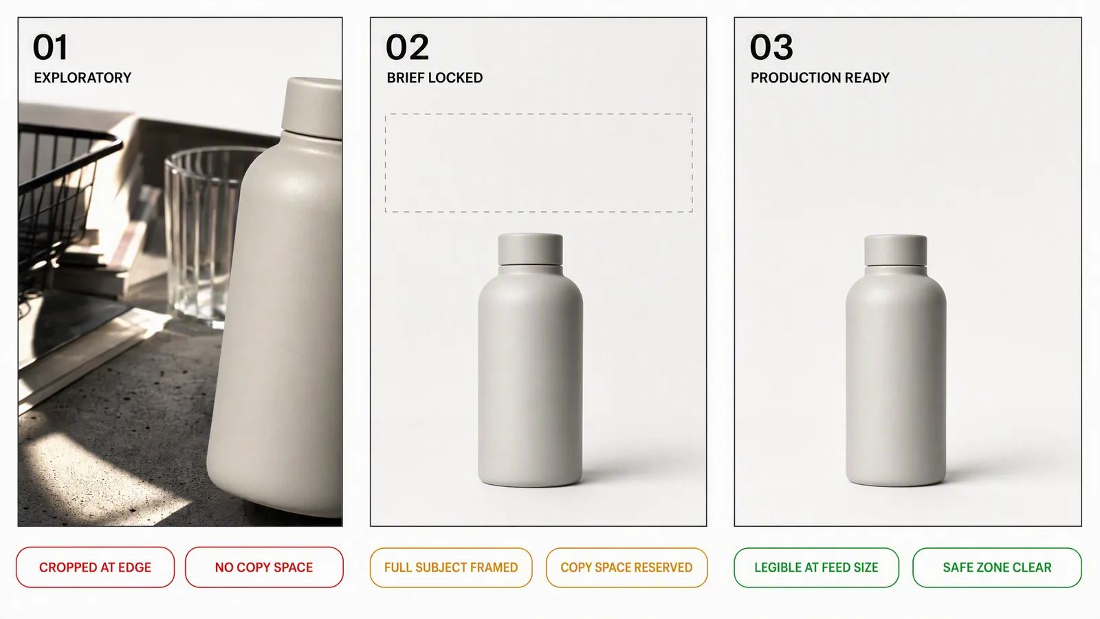 A three-card review board comparing an exploratory bottle photo cropped at the edge with no copy space, a brief-locked frame with the subject fully framed and copy space reserved, and a production-ready frame legible at feed size with a clear safe zone