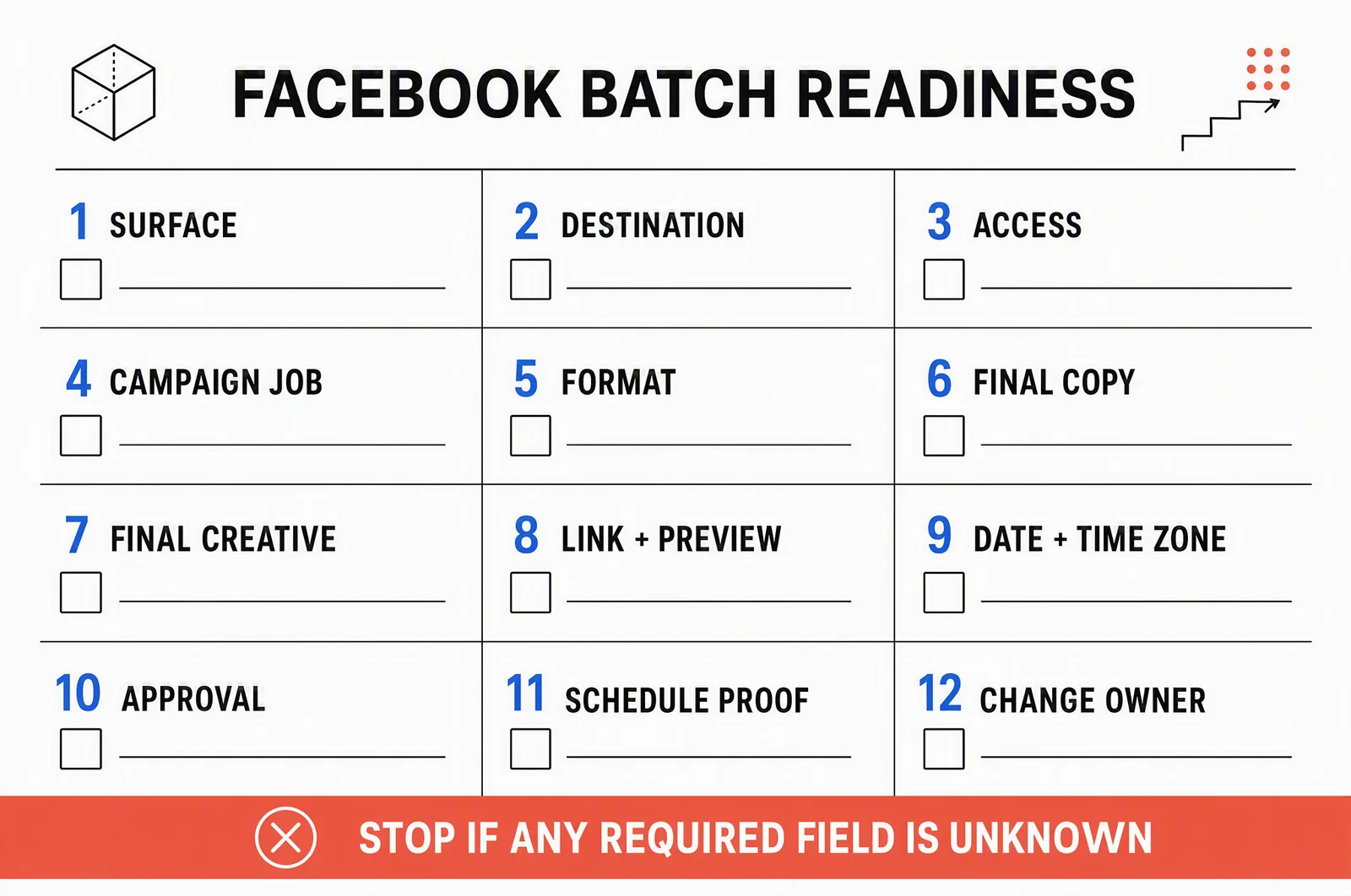 Twelve-field Facebook campaign scheduling readiness sheet