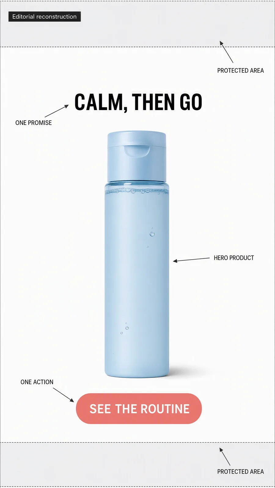 Annotated product-first Instagram Story ad wireframe with one fictional hero product, one promise, one action, and protected areas