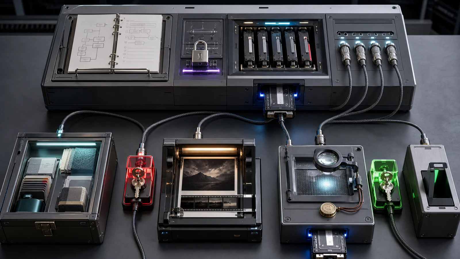 An MCP agent host connected to separate context, generation, retrieval, and delivery appliances, with spend and publication keys plus a returned asset-proof cassette.