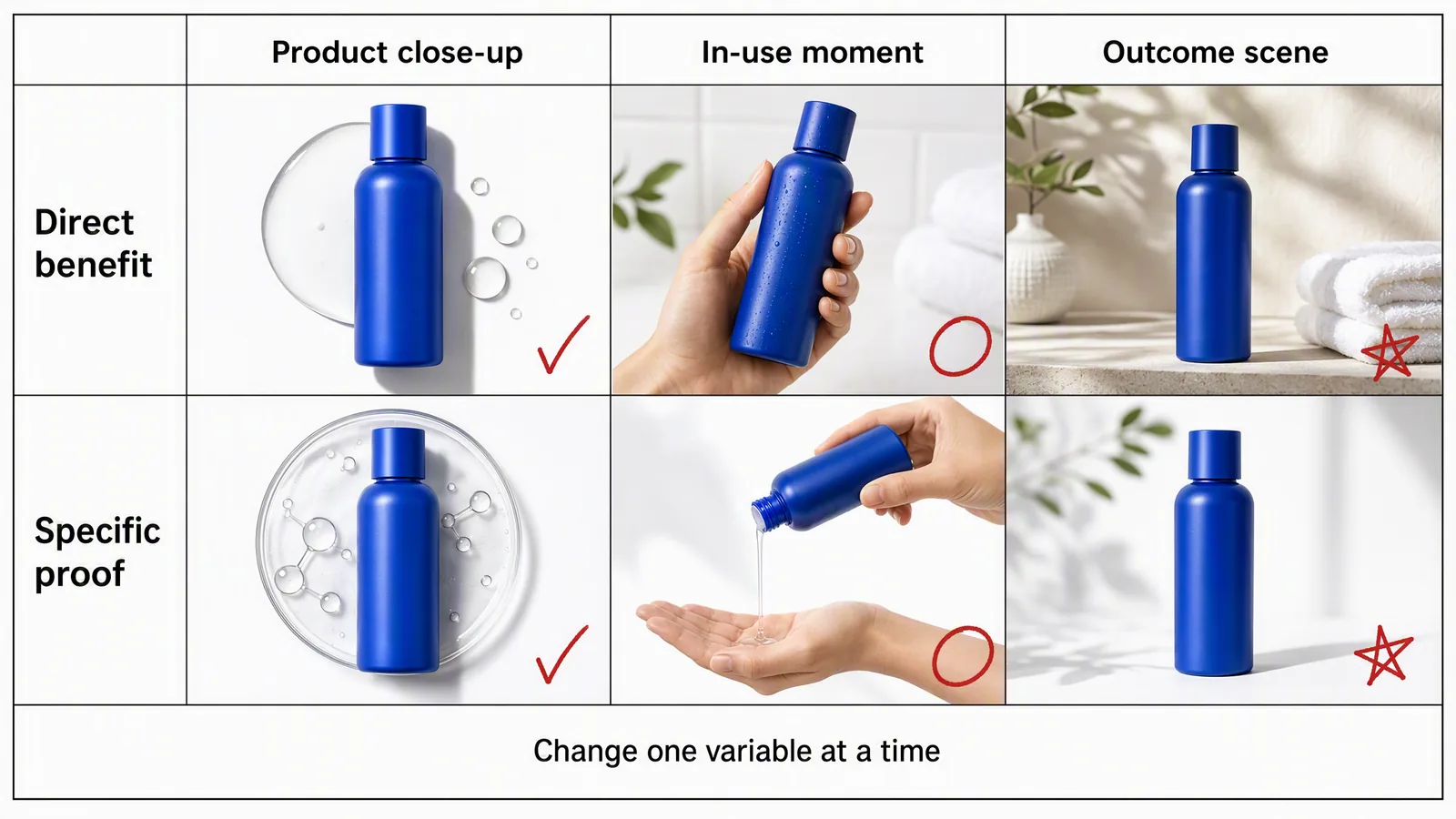 Static product-ad test matrix varying composition while preserving one product