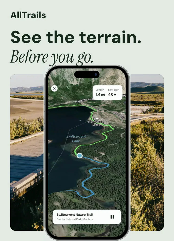 AllTrails-inspired spec launch creative with outdoor imagery and a phone map; not an official AllTrails launch.