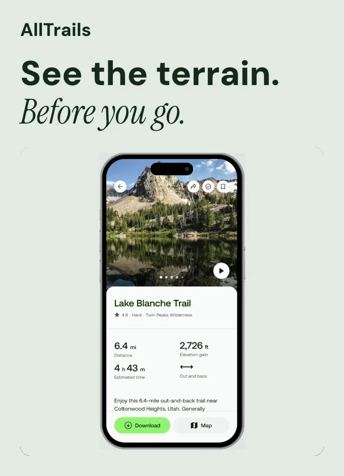 Final phone-detail frame of the AllTrails-inspired launch creative; artwork, not a recording of app operation.