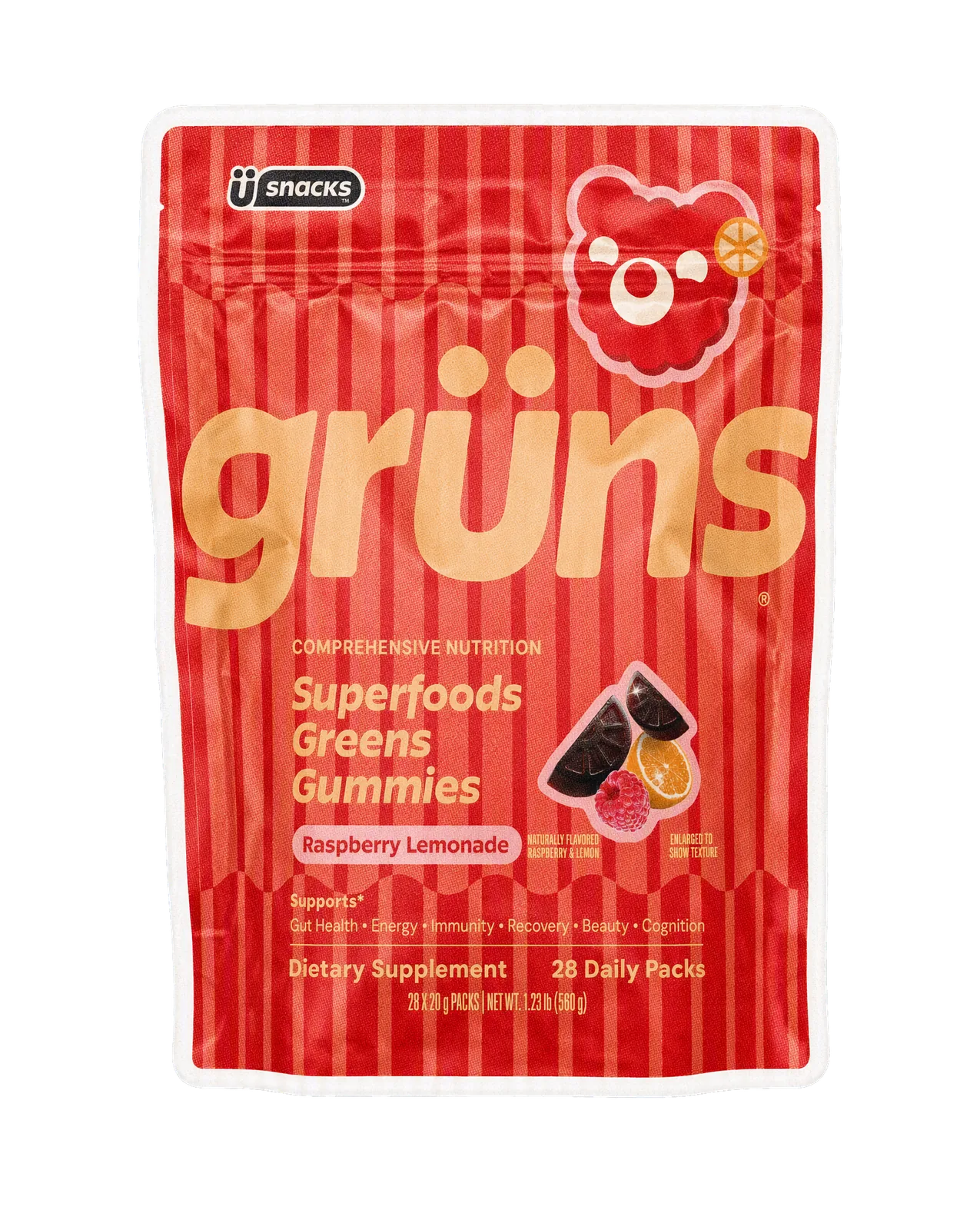 Actual isolated generated pouch component from the Gruns collage project; not an original product photograph.