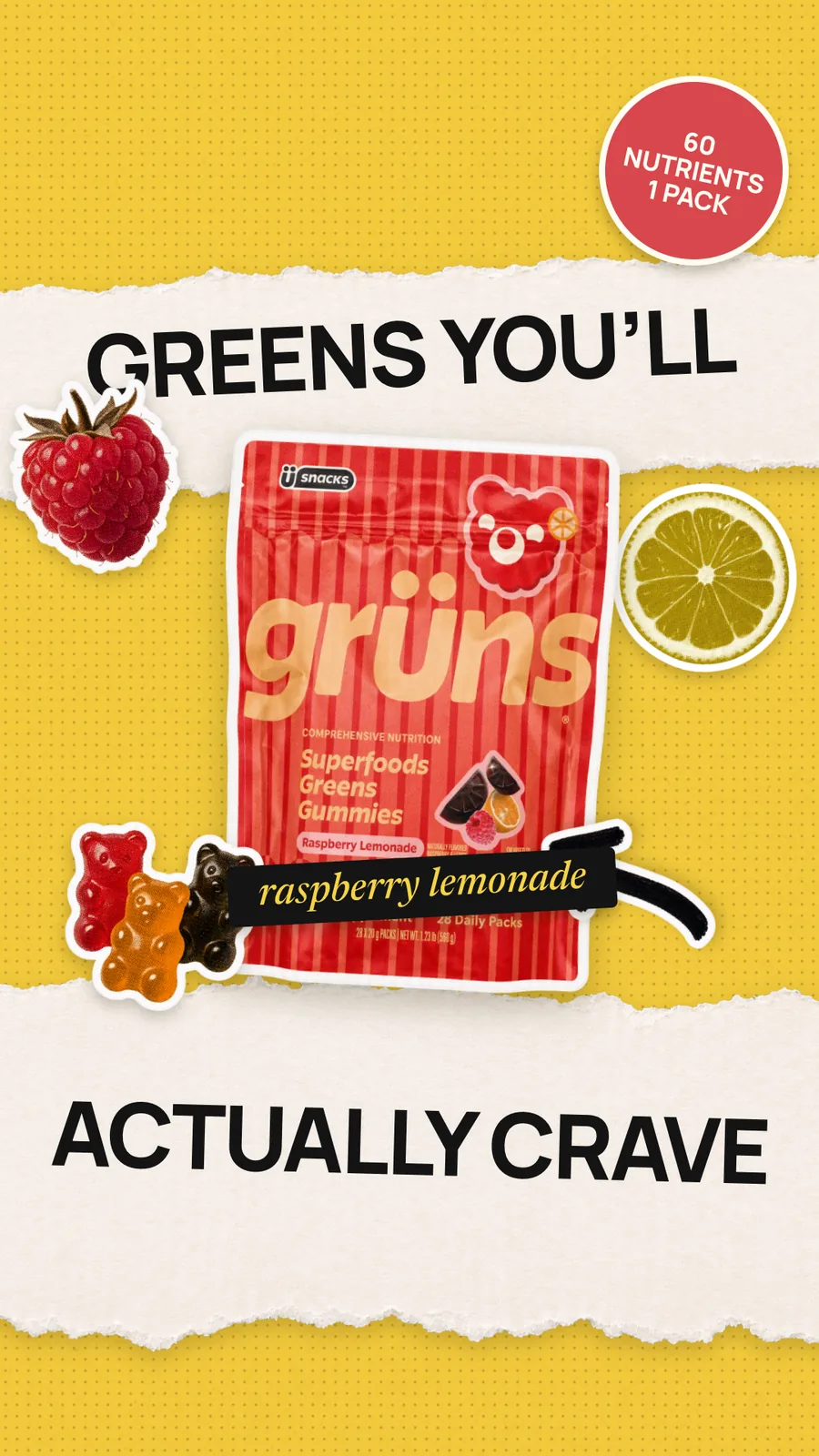 Finished Gruns digital collage spec creative: pouch, fruit cutouts and torn-paper type. No brand endorsement or performance claim.