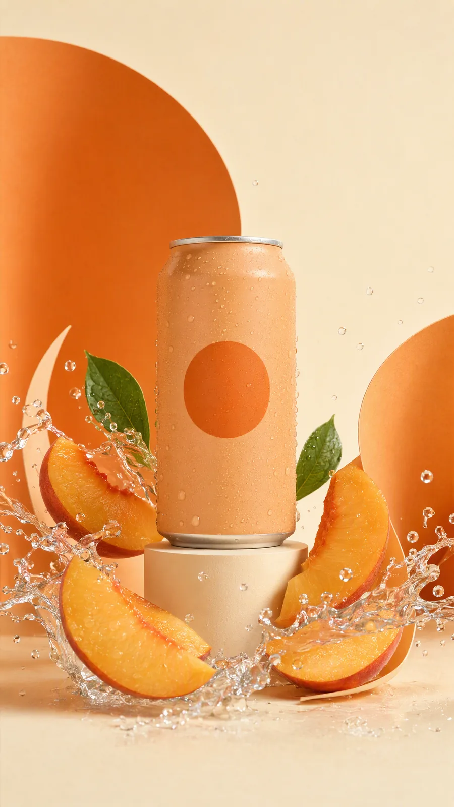 AI-generated fictional peach-can campaign still, the actual source used for the splash animation and holiday creative.