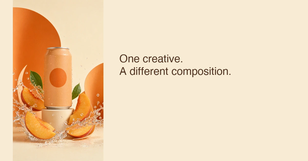 1200 by 628 editorial recomposition: the intact portrait creative at left and the headline One creative. A different composition. at right.