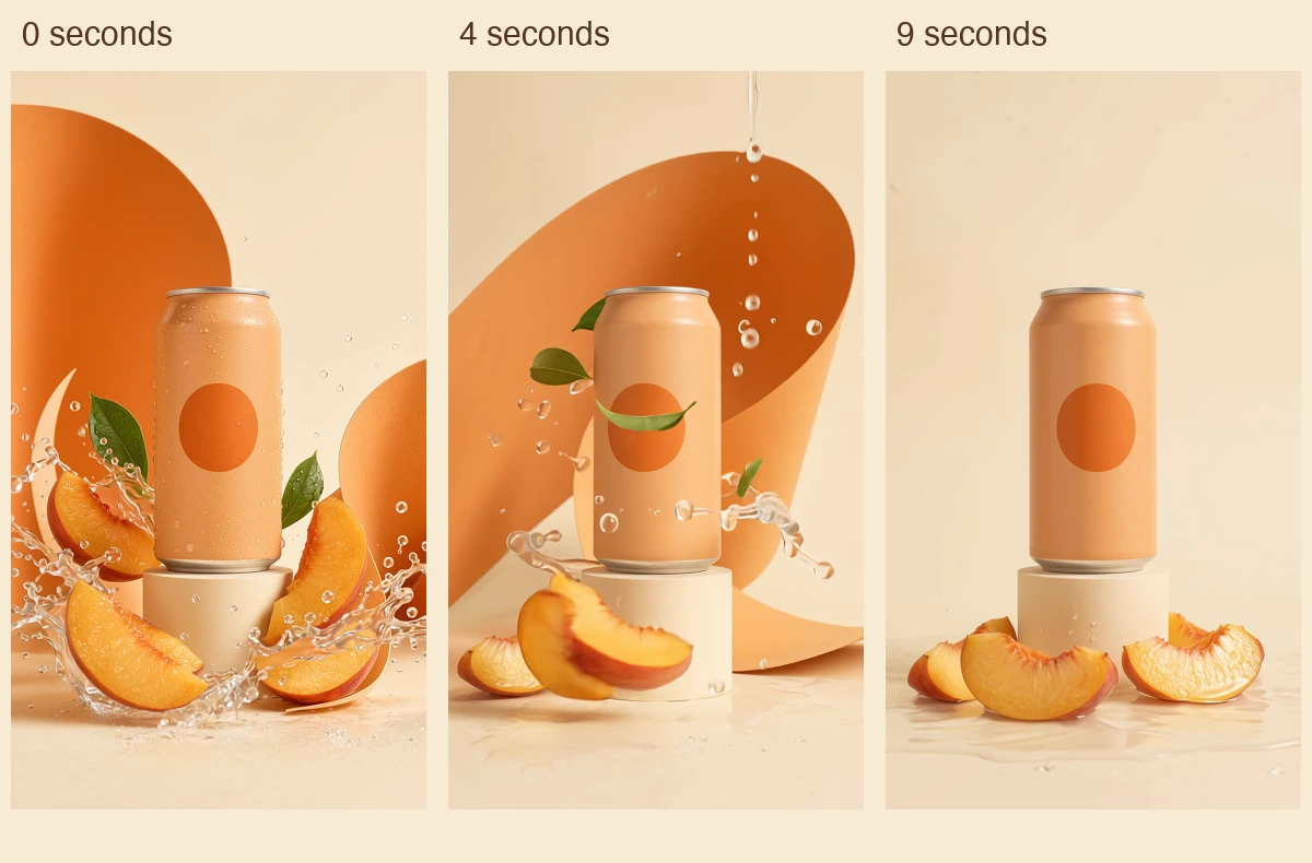 Frames at 0, 4 and 9 seconds from the peach-can animation: splash and paper move while the can remains the focal point.