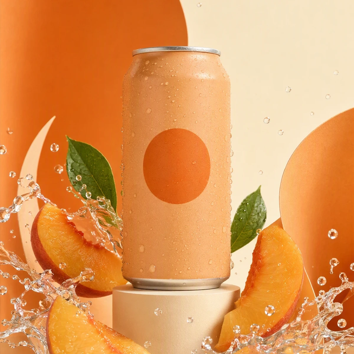 1200 by 1200 center crop of the peach creative: the can remains intact while upper negative space and lower splash are removed.