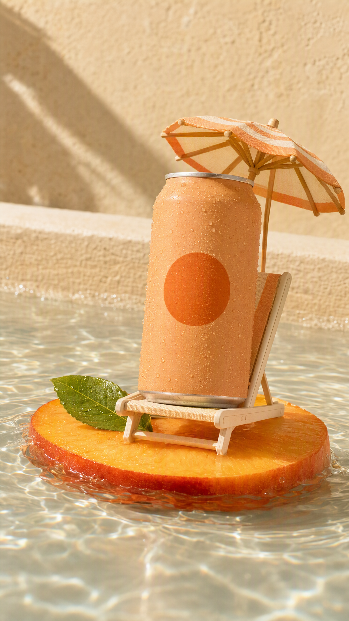 Fictional peach can in a miniature holiday scene, an existing Advibly campaign concept; not a real product transformation
