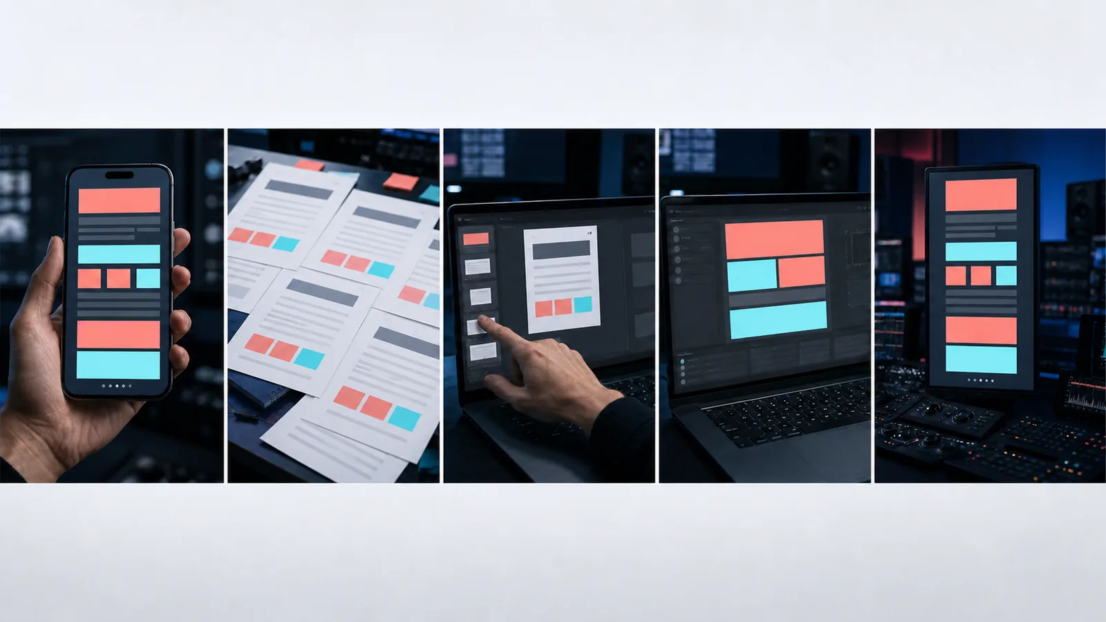 Five-shot contact sheet showing a fictional app ad moving from completed brief and duplicated source facts to import, proof fields, and final edit.