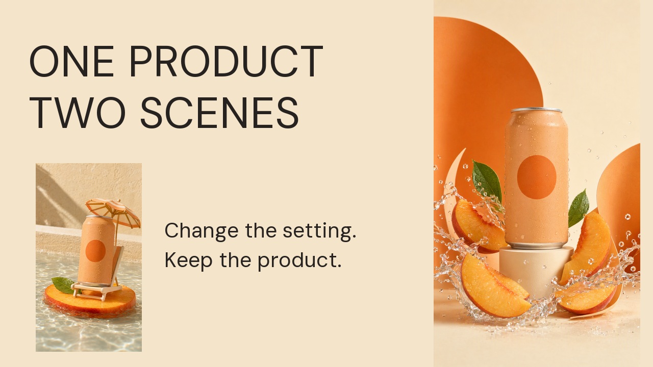 Editorial 16:9 thumbnail made from two existing peach-can creative assets, with the headline One product, two scenes.