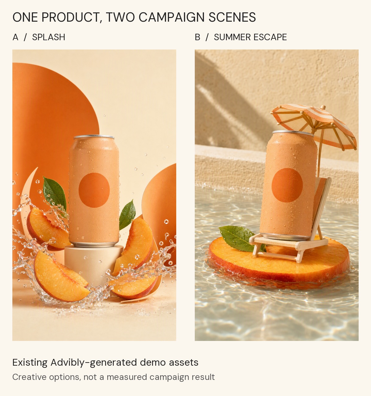 Two existing Advibly-generated peach-can demo scenes: water splash and a miniature summer chair. Editorial comparison, not campaign performance proof.