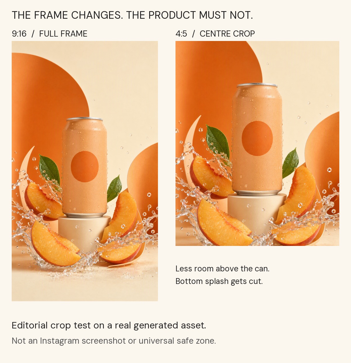 The same generated peach-can image shown in full 9:16 and a 4:5 centre crop, illustrating the loss of space above and below the can.