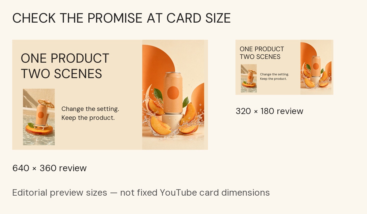 The peach-can thumbnail at 640 by 360 and 320 by 180 editorial preview sizes; the smaller supporting copy becomes less prominent.