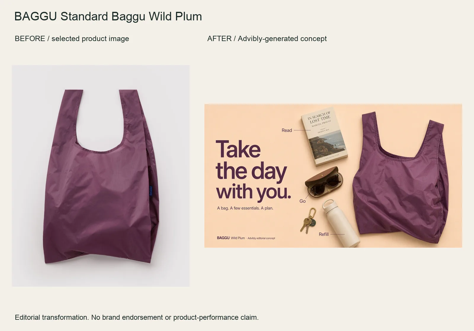 BAGGU Standard Baggu Wild Plum selected product image beside the actual Advibly-generated advertising concept.