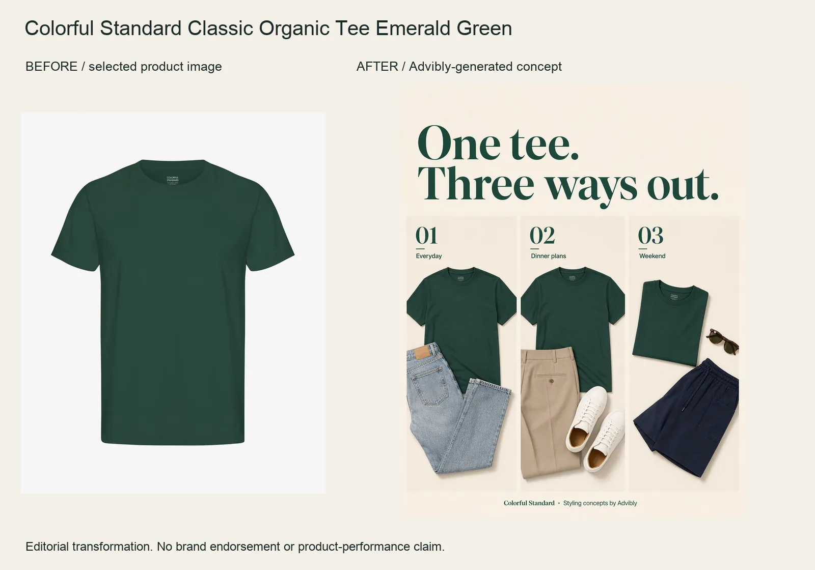 Colorful Standard Classic Organic Tee Emerald Green selected product image beside the actual Advibly-generated advertising concept.