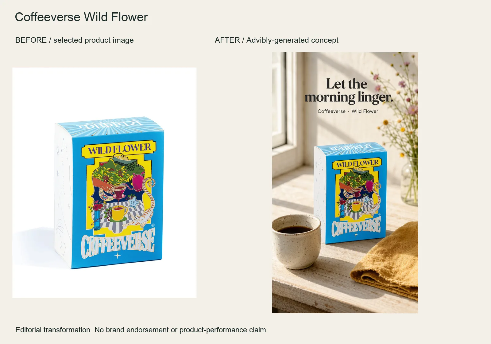 Coffeeverse Wild Flower selected product image beside the actual Advibly-generated advertising concept.
