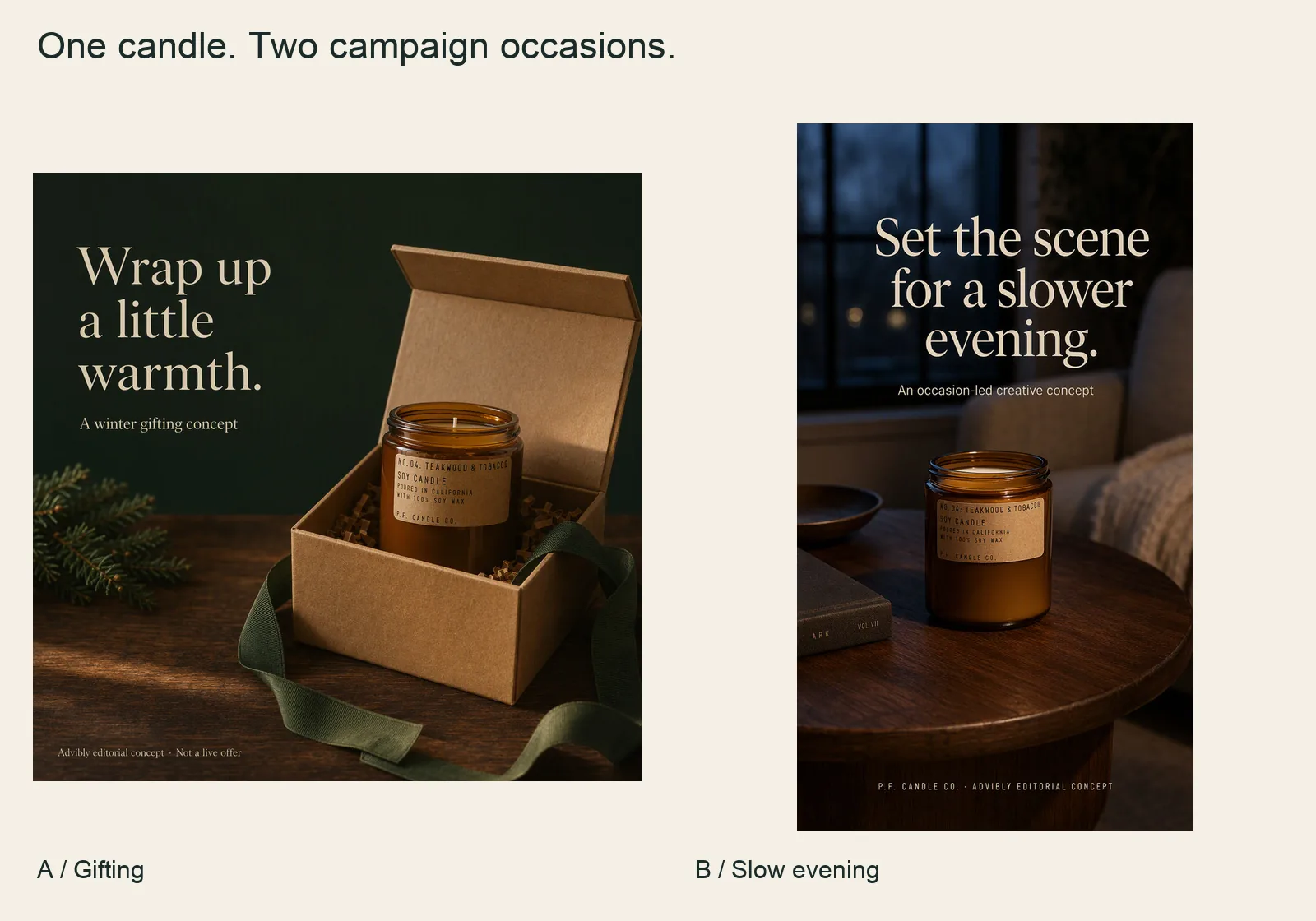 Two actual Advibly candle concepts: gifting and slow evening. No native poll or real offer.