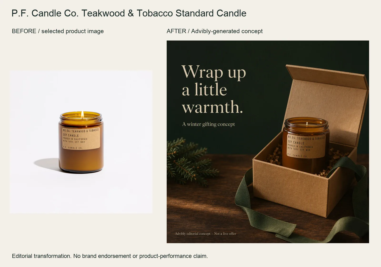 P.F. Candle Co. Teakwood & Tobacco Standard Candle selected product image beside the actual Advibly-generated advertising concept.