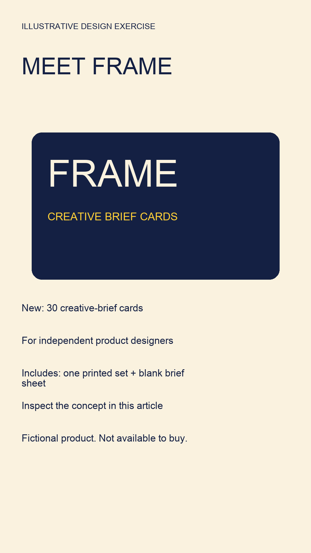 Clearly fictional FRAME brief-card launch specimen with visible scenario conditions and no live-sale claim.