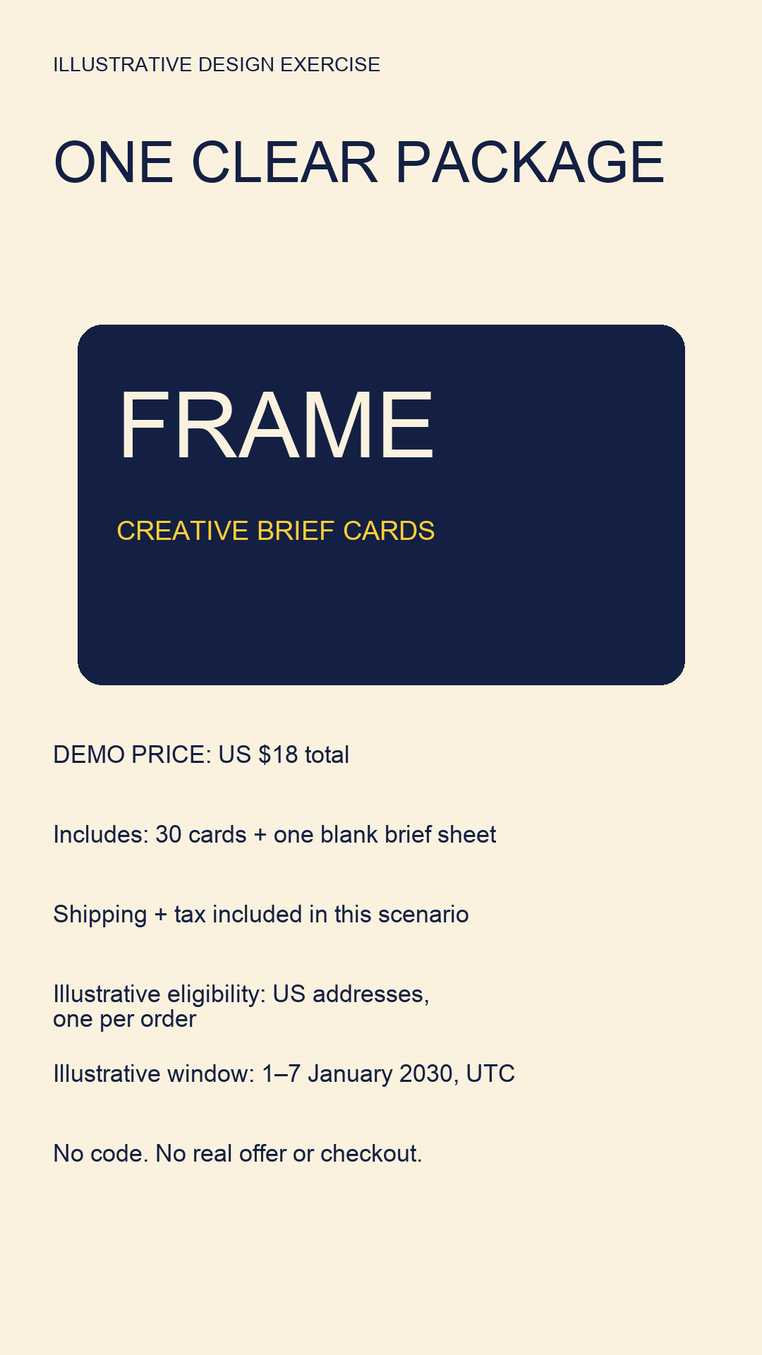 Clearly fictional FRAME brief-card offer specimen with visible scenario conditions and no live-sale claim.