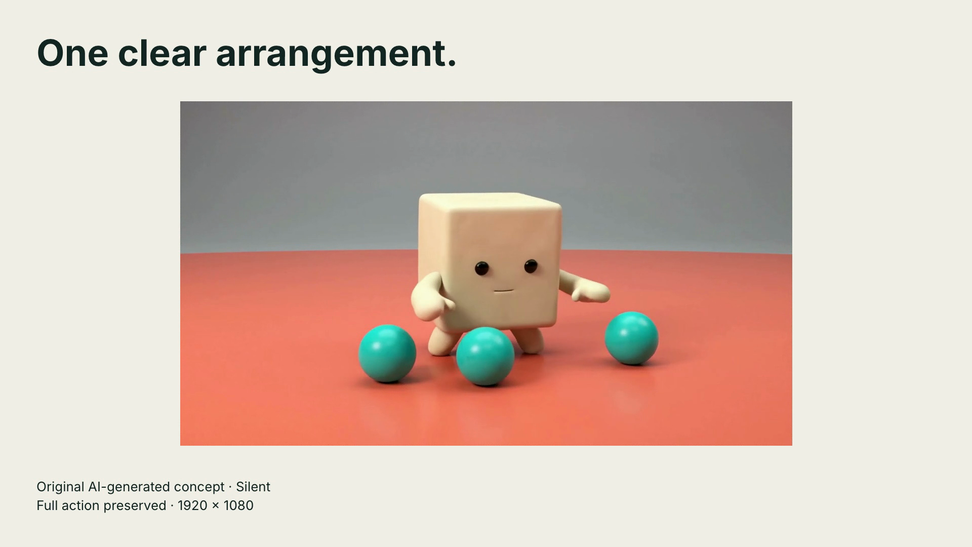 Original AI-generated cube-character concept: 1920 by 1080 proportional motion specimen; complete film is silent