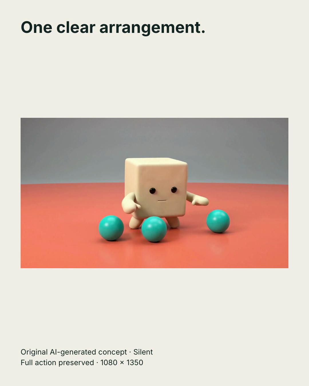 Original AI-generated cube-character concept: 1080 by 1350 proportional motion specimen; complete film is silent