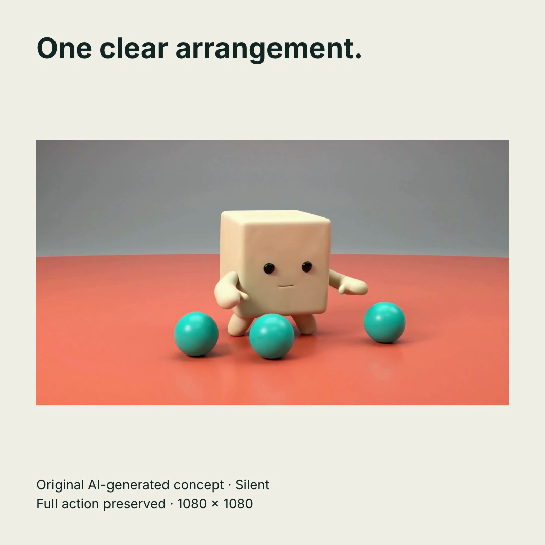 Original AI-generated cube-character concept: 1080 by 1080 proportional motion specimen; complete film is silent