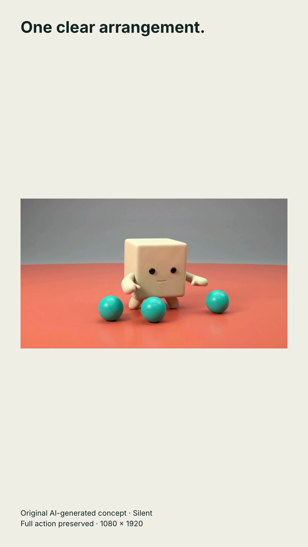 Original AI-generated cube-character concept: 1080 by 1920 proportional motion specimen; complete film is silent