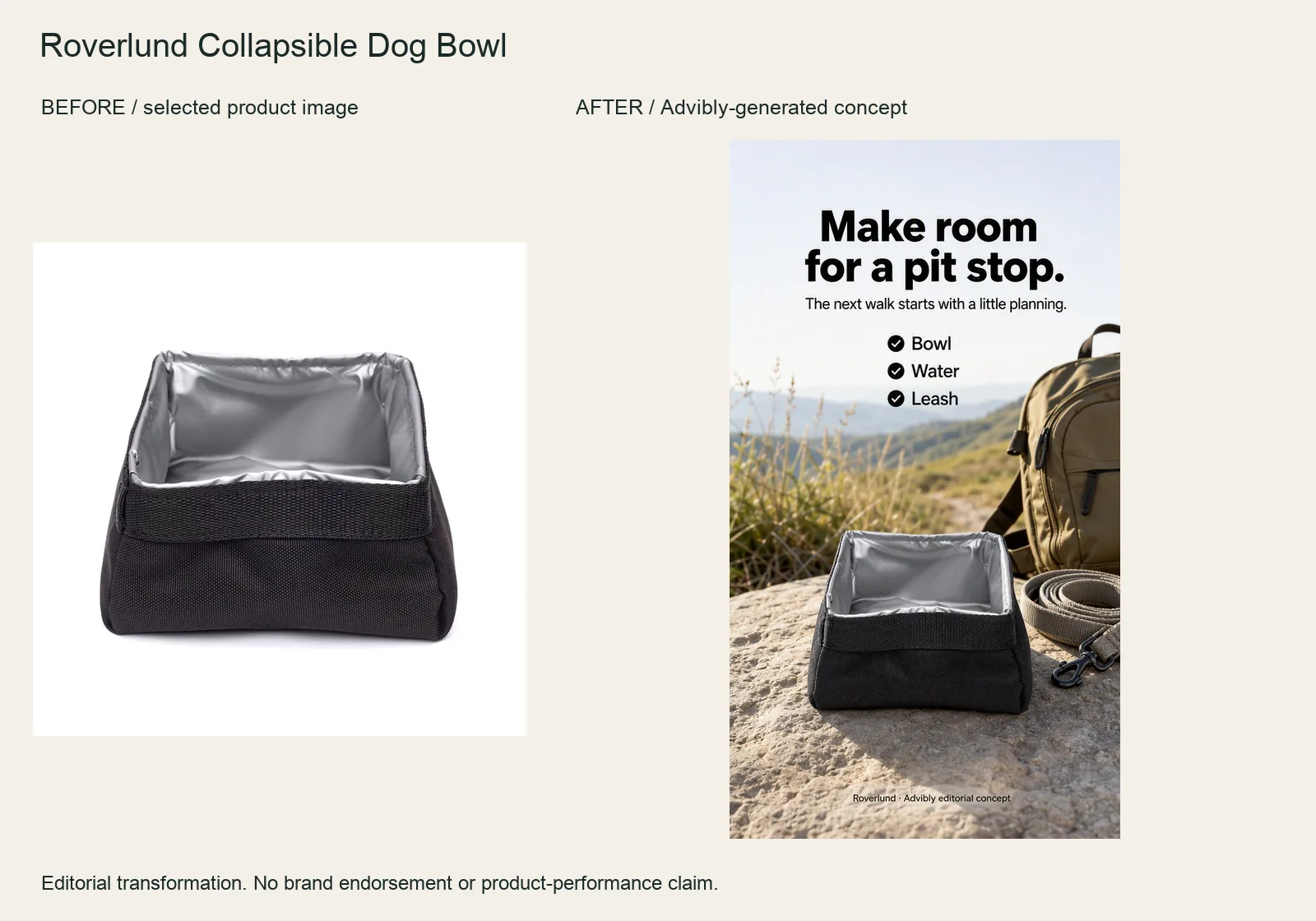 Roverlund Collapsible Dog Bowl selected product image beside the actual Advibly-generated advertising concept.