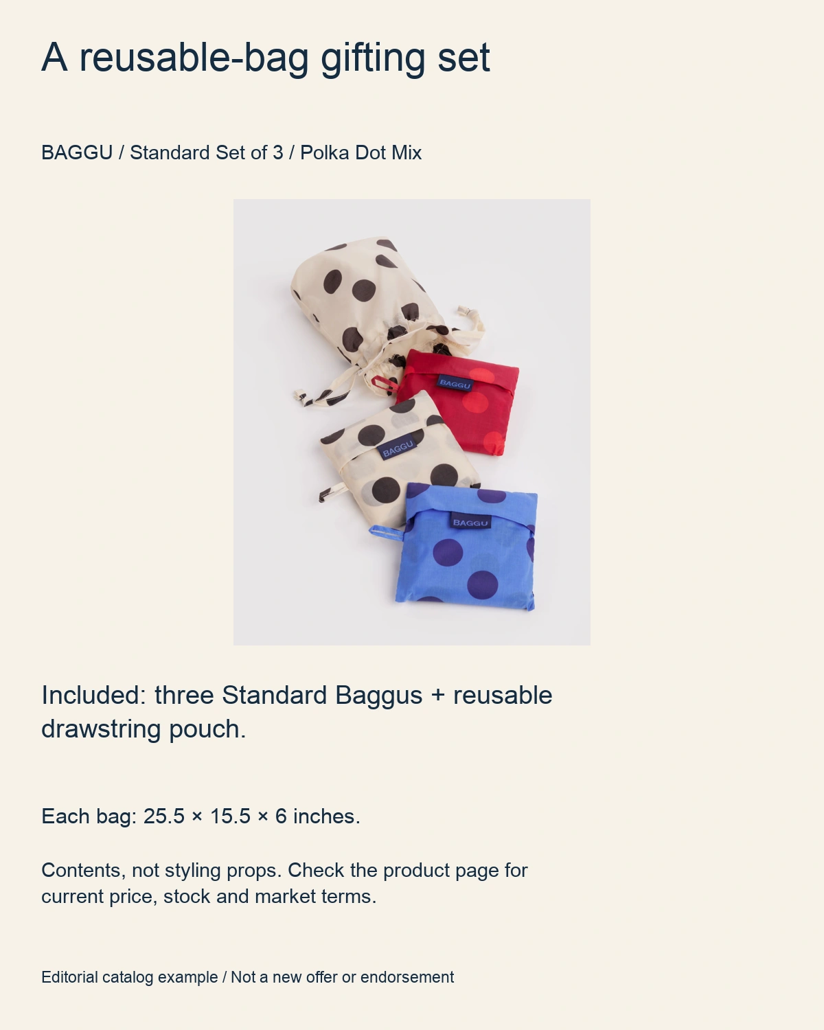 Actual BAGGU Polka Dot Mix set source image with verified three-bag and drawstring-pouch contents; current commercial terms remain at source.