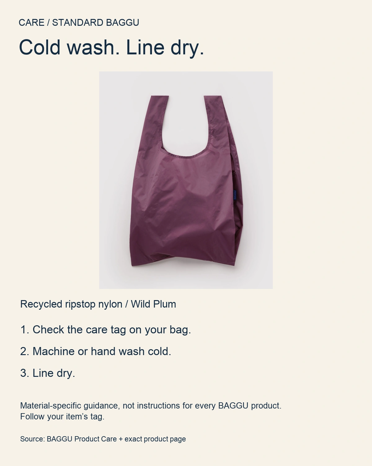 Care card using the real BAGGU Wild Plum source photo: check tag, machine or hand wash cold, line dry. Material-specific manufacturer guidance.