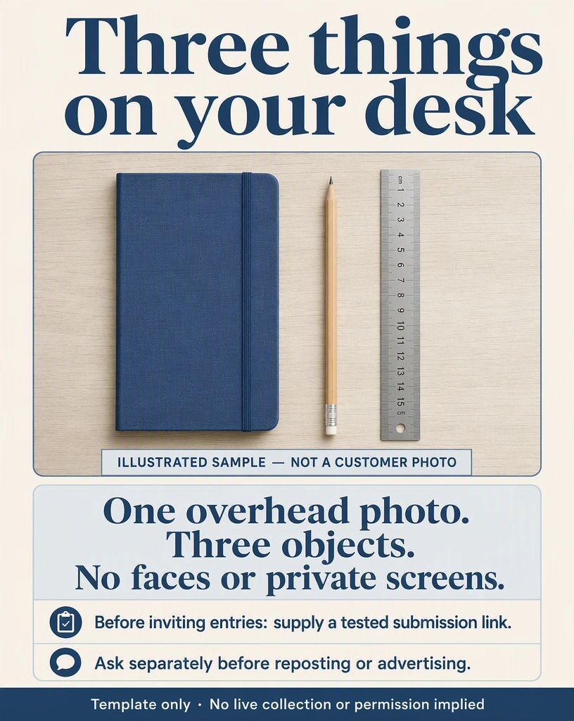Illustrated sample shot with exactly a notebook, pencil and ruler; shot constraints and permission conditions, not a live campaign.