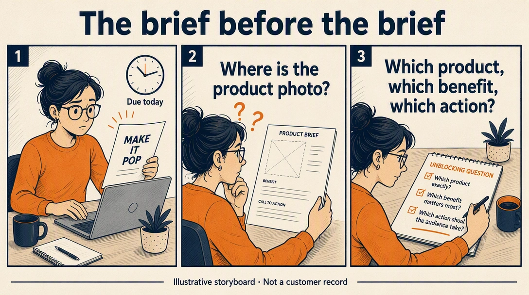Illustrative POV storyboard: ambiguous brief, missing product photo, and three unblocking questions.