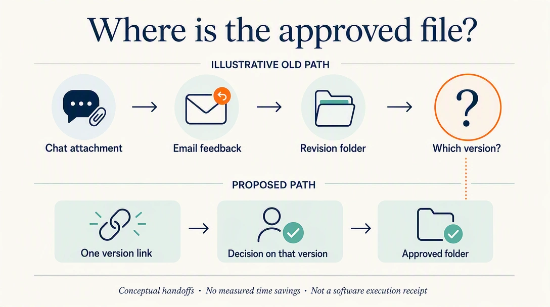 Illustrative old handoff path and proposed version-linked approval path; no measured savings.