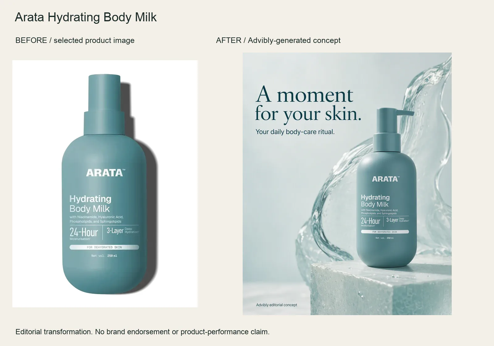 Arata Hydrating Body Milk: selected product image beside an Advibly-generated editorial ad, not a skin efficacy result.